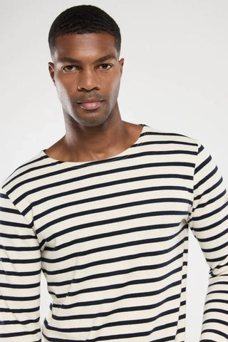 Man wearing a navy and white striped long-sleeve shirt, casual fashion