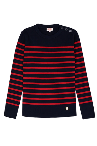 Navy blue and red striped men's knit sweater with buttons on shoulder, long sleeves