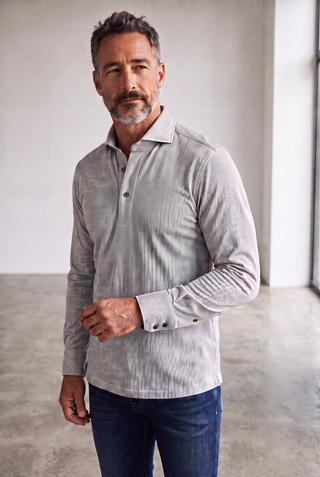 Emanuel Berg - Polo manches longues Herringbone Jacquard Luxe - Light Grey