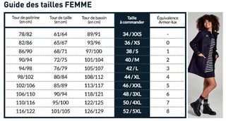 Women's size guide chart with chest, waist, hip measurements and a woman in a striped dress and navy coat