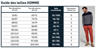 Men's size guide chart with chest and waist measurements, and man wearing navy striped sweater and red pants.
