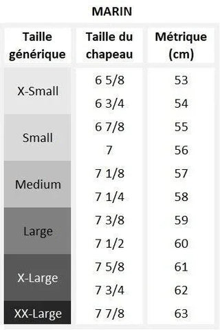 Marine hat size chart in French showing generic, hat sizes, and metric measurements in centimeters.