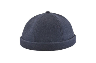 Navy blue wool beanie with cuffed brim, water-resistant, minimalist winter hat