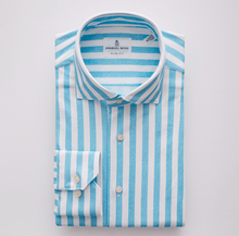  Emanuel Berg - Byron - Chemise manches longues à rayures Albini 4Flex - Modern Fit - Blanc/Turquoise - LE CAPITAINE D'A BORD