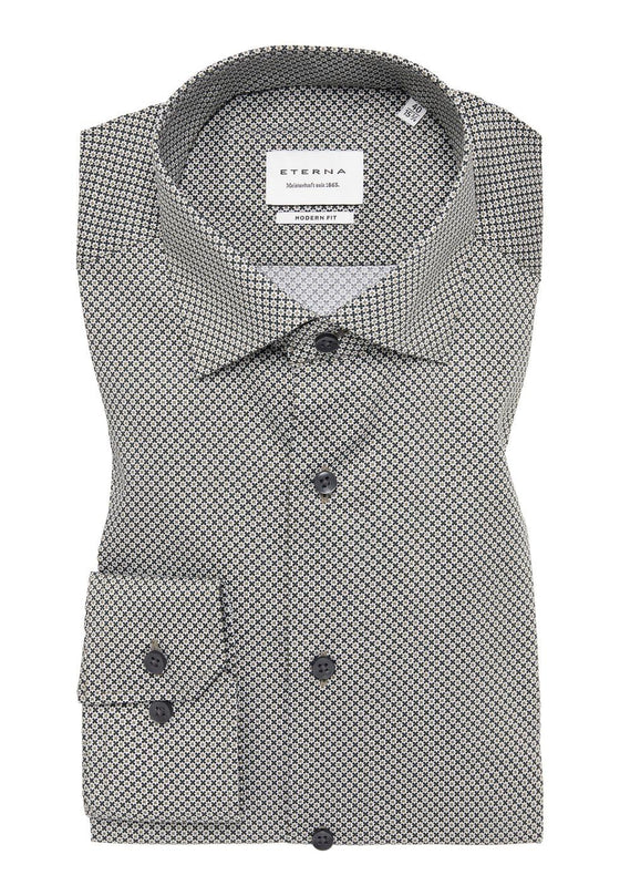 ETERNA - Chemise motifs manches longues Modern Fit - Marine/Beige - LE CAPITAINE D'A BORD