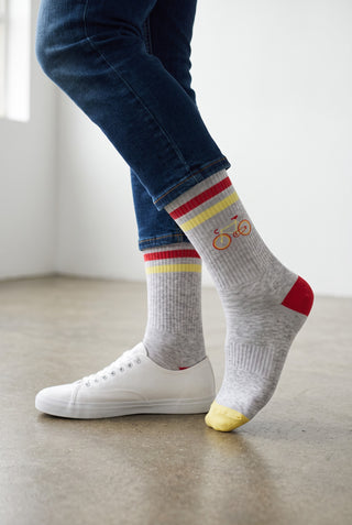 Le Capitaine D'a Bord PULLIN Bikie mid-calf grey socks with embroidered bicycle motif and red and yellow stripes