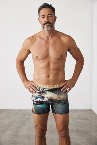 Le Capitaine D'a Bord PULLIN FASHION2 TRON8 boxer with a sports car print, long leg cut, and wide jacquard waistband.