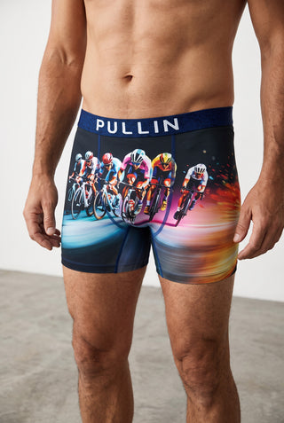 Le Capitaine D'a Bord PULLIN boxer with cycling race print, long cut, flatlock seams, and wide jacquard elastic waistband