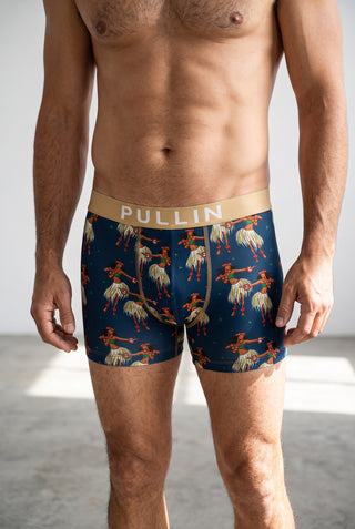 Le Capitaine D'a Bord PULLIN Master Houla boxer briefs with a navy blue hula dancer print and gold elastic waistband