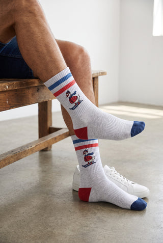 Le Capitaine D'a Bord PULLIN Oieski mid-calf socks in grey with embroidered skiing goose motif and striped cuffs