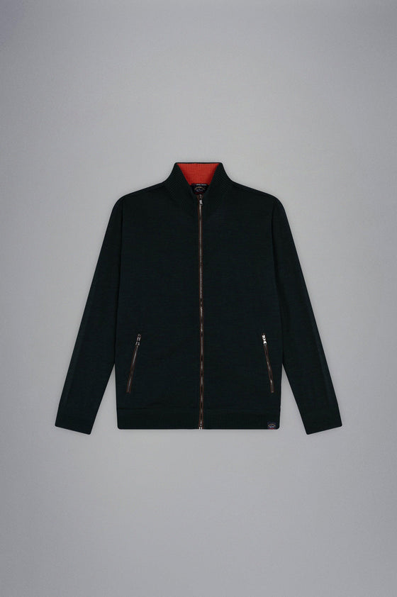 Paul & Shark - Cardigan zip de laine avec bordures de cuir - LE CAPITAINE D'A BORD