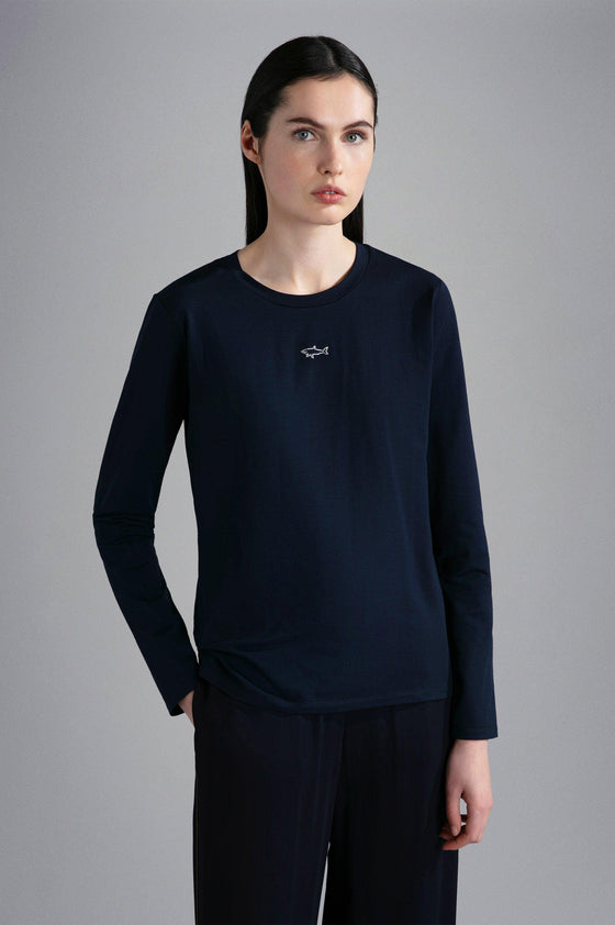 Paul & Shark Ladies - T-shirt manches longues de coton avec requin Swarovski pour femme - LE CAPITAINE D'A BORD