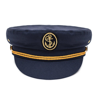 Navy blue captain's hat with gold anchor emblem and braided trim, nautical style