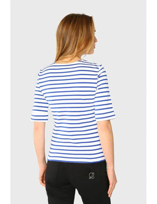Woman wearing blue and white Breton striped shirt with half sleeves, seen from behind