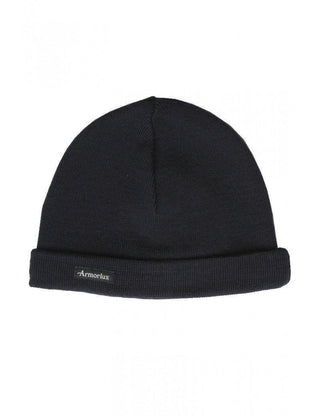 Navy blue wool knit Breton beanie with folded cuff and Armor Lux label on front
