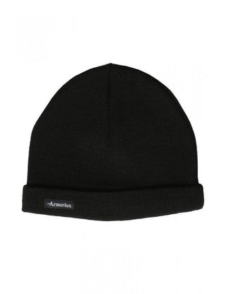 Black wool Breton beanie with folded cuff and Armor-Lux logo patch on front