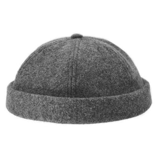 Gray wool beanie cap with rolled brim, waterproof, unisex winter hat on white background