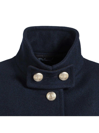 Close-up of navy wool coat collar with three decorative gold buttons for women