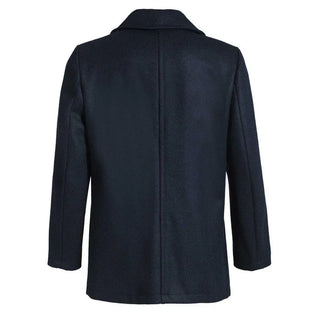 Back view of a men's navy wool peacoat with long sleeves and notched collar