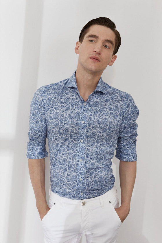 Emanuel Berg - Byron - Chemise manches longues paisley Albini 4Flex - Modern Fit - Bleu - LE CAPITAINE D'A BORD