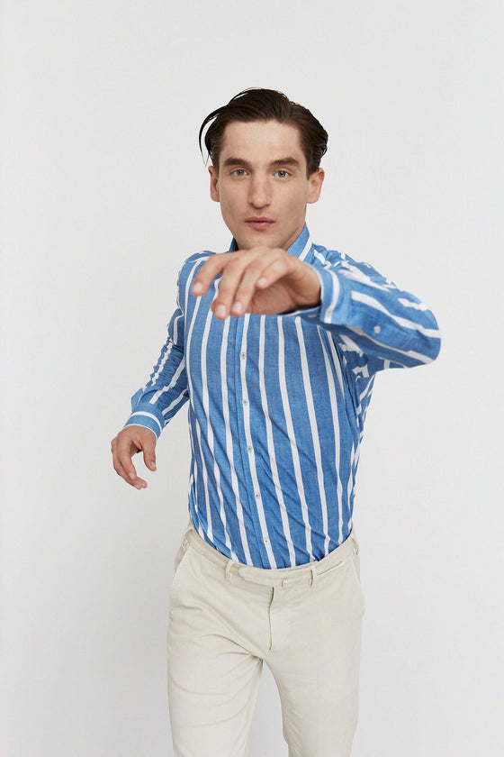Emanuel Berg - Byron - Chemise manches longues rayée Albini 4Flex - Modern Fit - Bleu - LE CAPITAINE D'A BORD