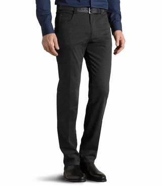 Men's black cotton pants, classic fit, styled with a dress shirt and black shoes