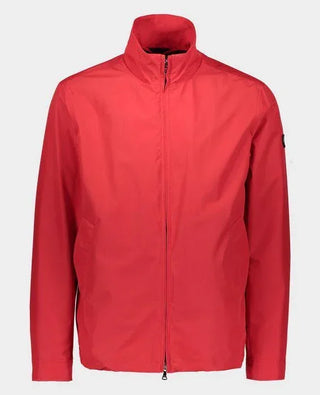Men's red nylon zip-up jacket with high collar, long sleeves, and subtle arm logo patch