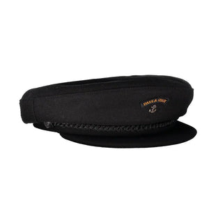 Black wool captain's hat with an embroidered gold anchor accent on the front