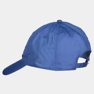 Blue nylon yachting cap with adjustable strap, side profile on white background
