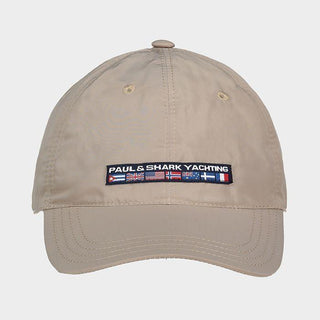 Beige nylon yachting cap with embroidered nautical flags patch and ventilation eyelets