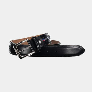 Men's black leather belt with silver buckle and colorful nautical flag details