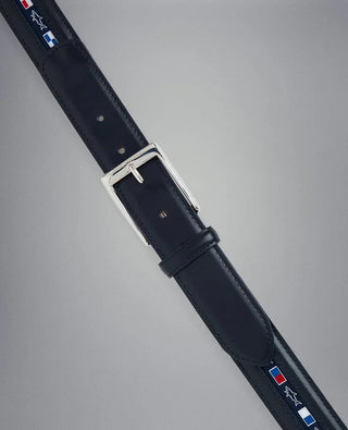 Navy blue leather belt with silver buckle and nautical flag details on strap