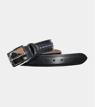 Black leather belt with nautical flag accents and silver buckle on white background