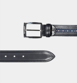 Navy leather belt with silver buckle and colorful nautical flag details