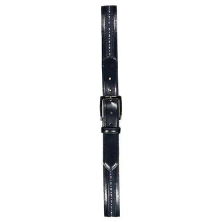 Navy blue leather belt with nautical flag details and silver buckle, men's accessory