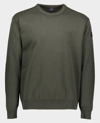 Men's olive green crew neck sweater with ribbed cuffs and hem, shoulder appliqué detail