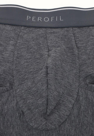 Close-up of grey men's boxer briefs with PEROFIL logo and push-up contour pouch.