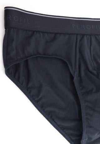 Navy blue men's brief underwear with elastic waistband and subtle logo detail