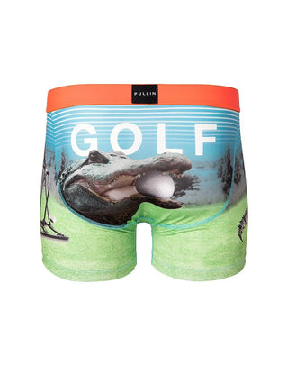 Men's boxer briefs with alligator and golf ball print, orange waistband, golf theme
